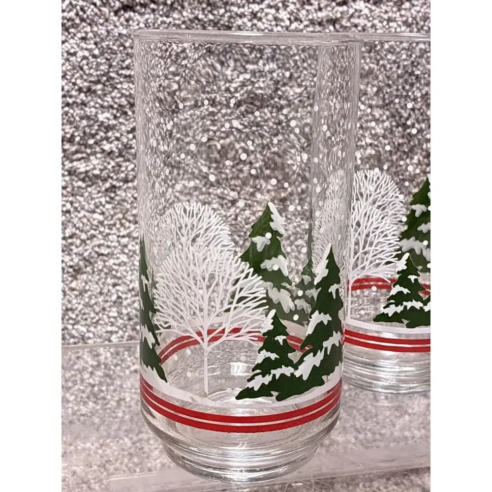 Vintage 6 in Christmas Highball Glasses Set of 3 Snowy Pine Tree Winter Forest